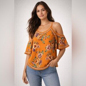 Flying Tomato Orange Floral Boho Blouse Size M